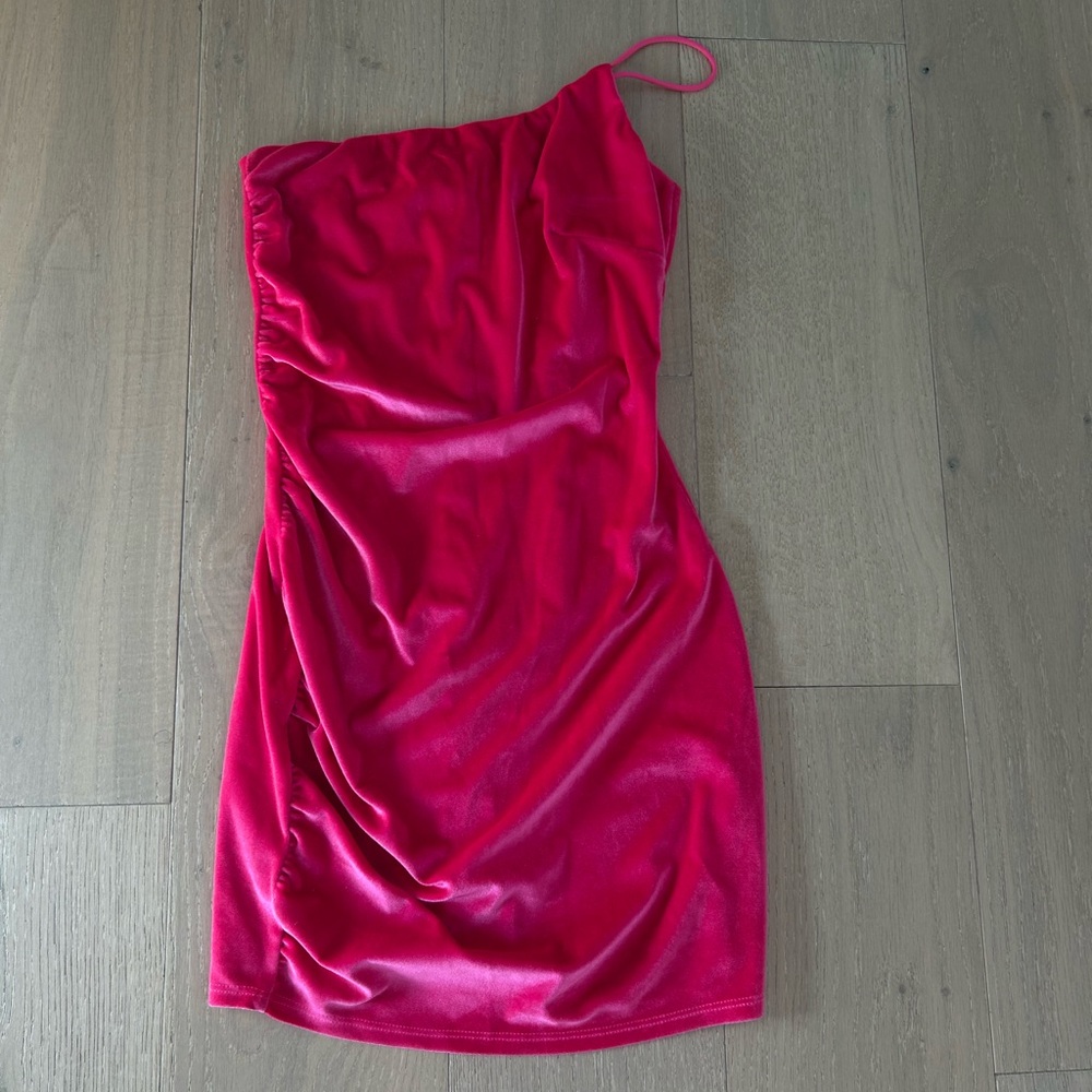 Lucy in the Sky Hot neon Pink Asymmetrical Ruched Cocktail mini Dress